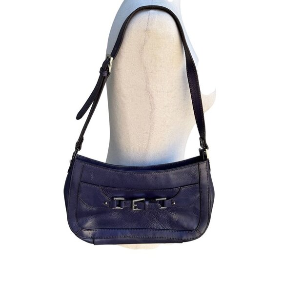 Etienne Aigner Navy Leather Buckle Detail Silver Hardware Shoulder Hobo Bag - Picture 1 of 12